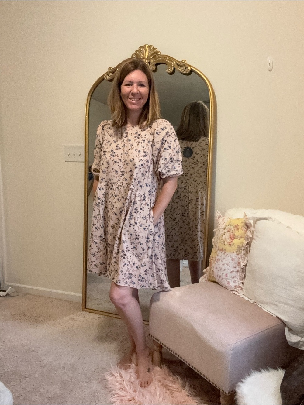 NWT mittoshop Light neutral Floral Puff-Sleeve Mini Dress with pockets